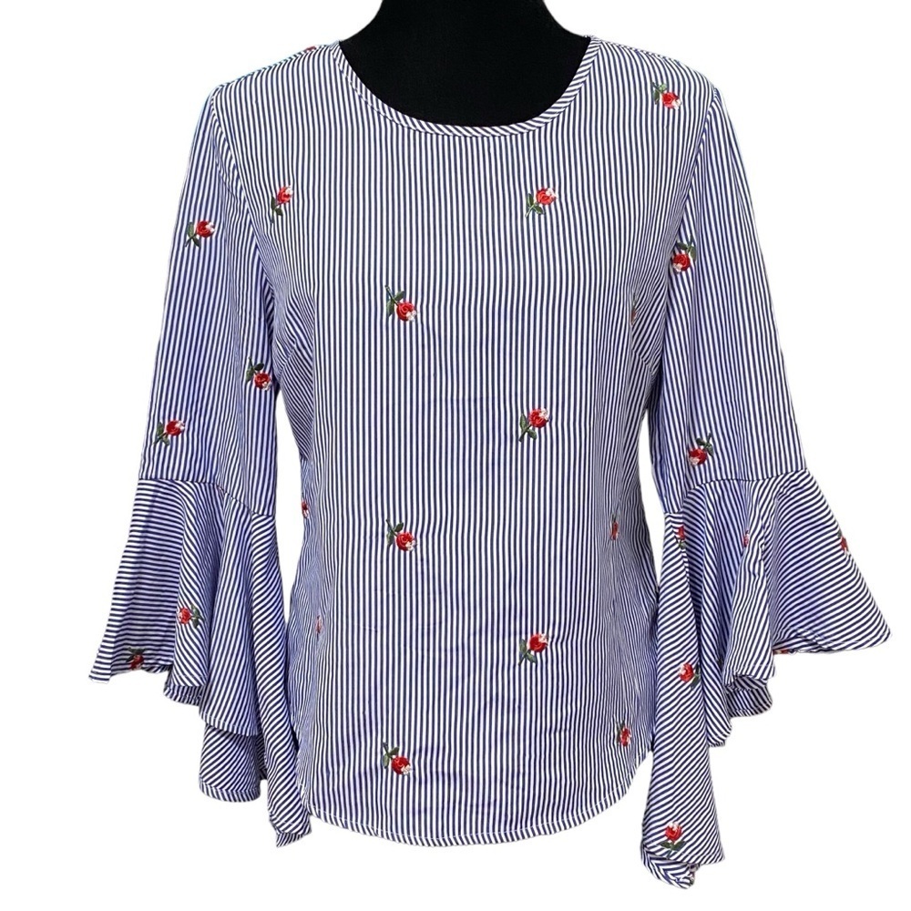 Kontrol Striped Embroidered Floral Bell Sleeve Boho Top Medium